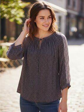 LOFT Boho Tie-Neck Printed Peasant Top - Navy/White